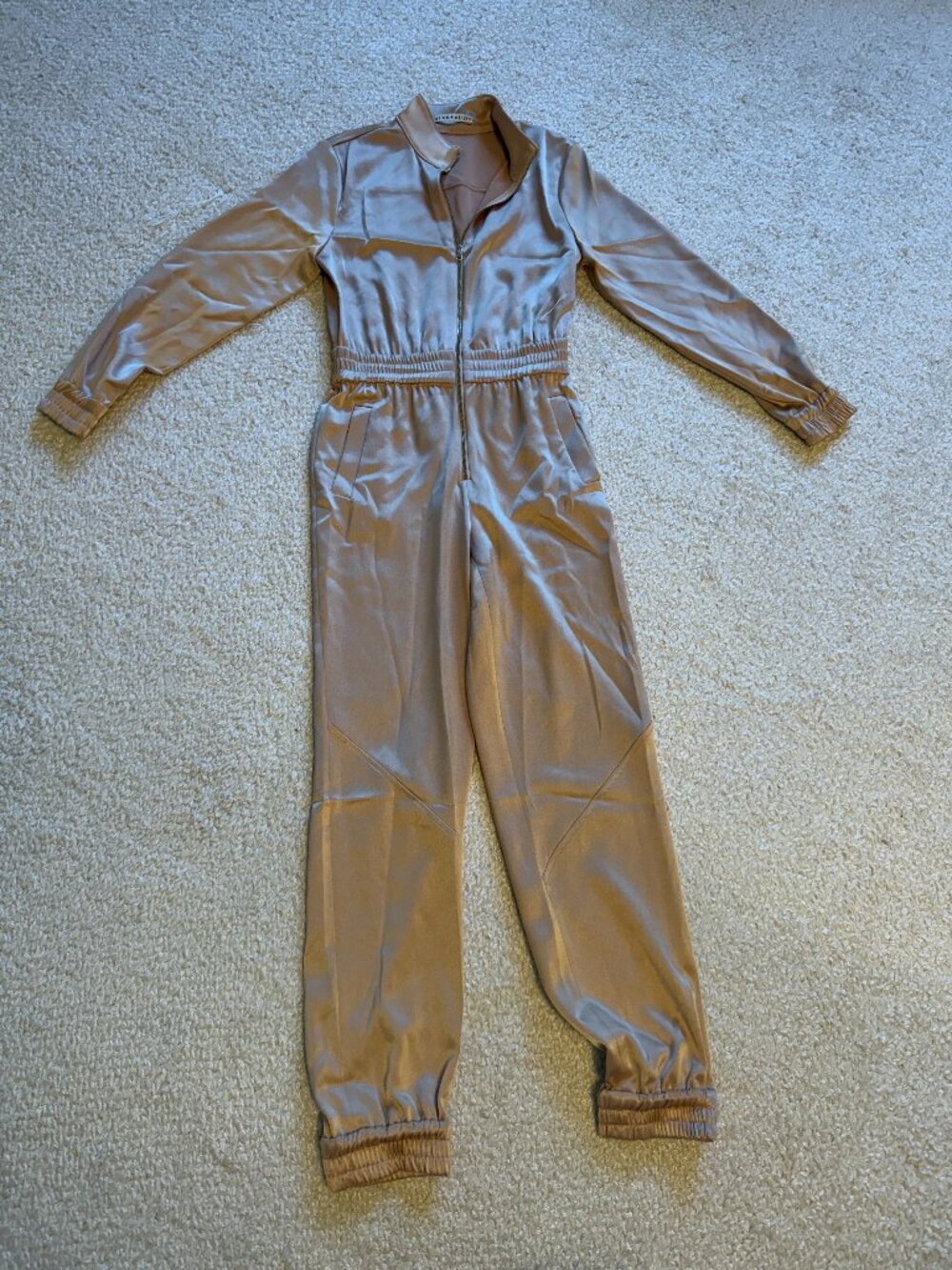 Alice + Olivia Levi Satin Front Zip Jogger Jumpsuit Almond Size 0